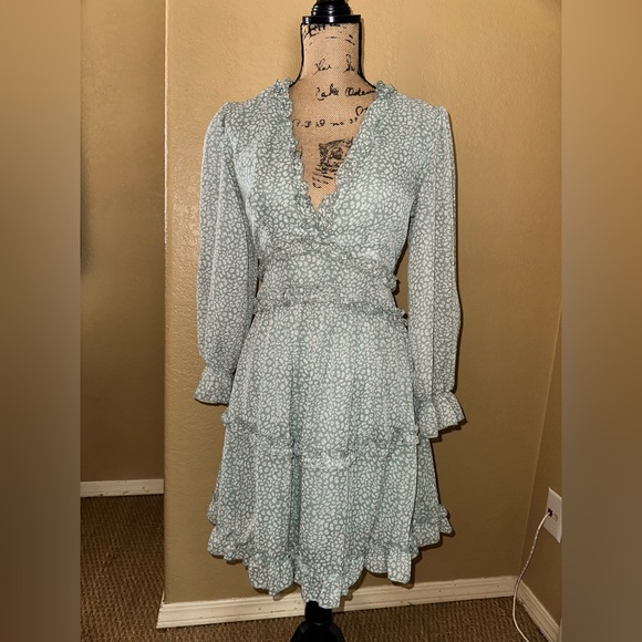 Fall Spring Deep V Neck Ruffle Long Sleeve Floral Print Mini Dress - Picture 2 of 9